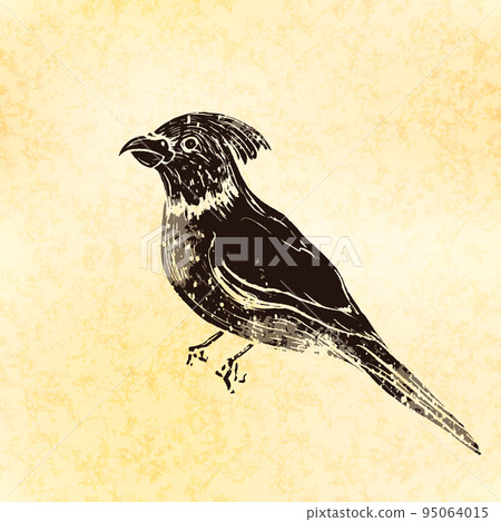 Parrot in linocut retro style, silhouette of bird on old paper 95064015