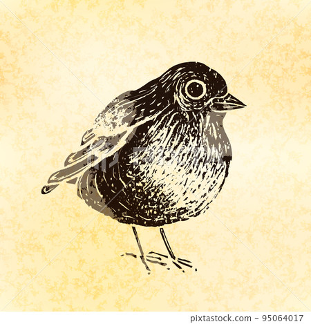 Cute little bird in linocut retro style, vintage silhouette of bird on old paper 95064017