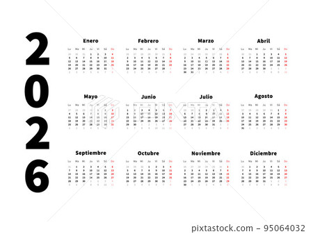 2026 year simple horizontal calendar in spanish, typographic calendar isolated on white 95064032