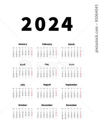 2024 year simple vertical calendar in english language, typographic calendar on white 95064045