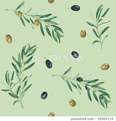 Watercolor seamless pattern with branches of green and black olives on a green background. Can be used for textile, wallpaper prints, kitchen, food and cosmetic design. 95064114