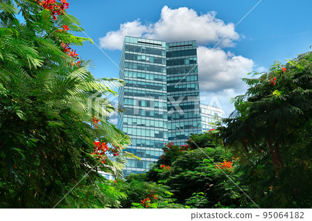 View of a modern skyscraper with green trees with red flowers on the foreground 95064182