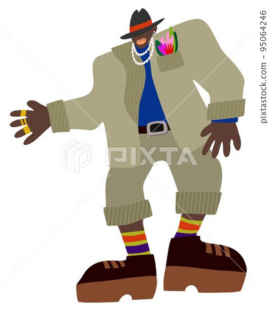 Black handsome man in grey suit, fedora hat, bright socks and pearl necklace . Stylish person. Black handsome man in grey suit, fedora hat, bright socks and pearl necklace . Stylish person. 95064246