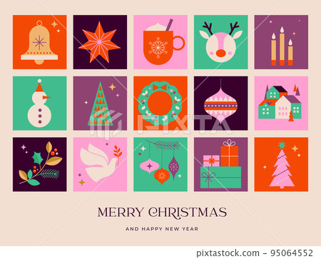 Collection of Christmas decorations, holiday gifts, winter elements, candles, Christmas tree, dove 95064552