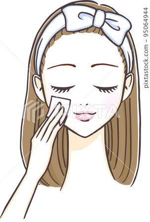 一個年輕漂亮的女人在她的皮膚上塗抹乳液的插圖 95064944