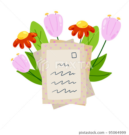 Envelope with letter in craft paper with green plant. Greetings and correspondence. Handmade sheet with mail. Postal invitation. Cartoon illustration Envelope with letter in craft paper with green plant. Greetings and correspondence. Handmade sheet with mail. Postal invitation. Cartoon illustration 95064999