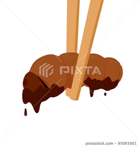 Edible larva. Eating caterpillar with chopsticks. Asian snack and street fast food. Edible larva. Eating caterpillar with chopsticks. Asian snack and street fast food. 95065001