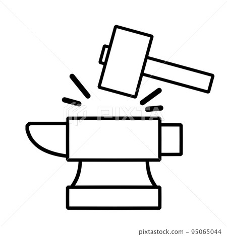 Blacksmith anvil and hammer. Symbol of work in forge. Forging and manufacturing of steel. Outline icon illustration 95065044
