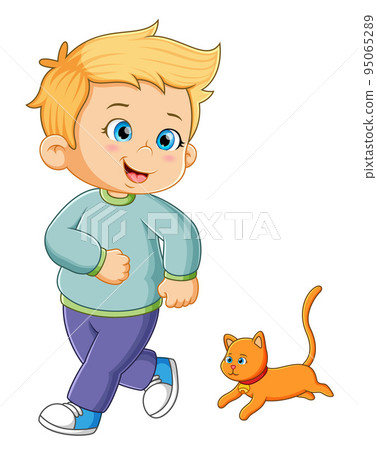 The little boy is running with the little orange cat The little boy is running with the little orange cat 95065289