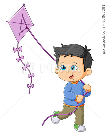 The little boy is running and holding the long kite The little boy is running and holding the long kite 95065291