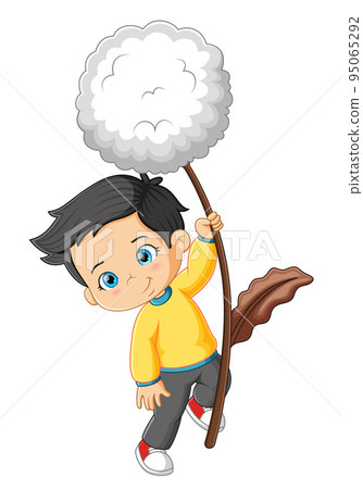 The cute boy is holding the dandelion flowers 95065292