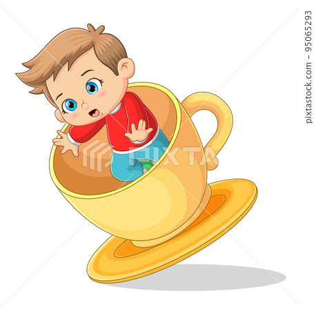 The cute boy is sitting and falling down from the cup The cute boy is sitting and falling down from the cup 95065293