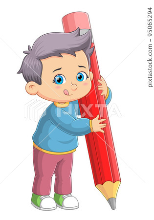 The happy student boy is holding the big pencil The happy student boy is holding the big pencil 95065294