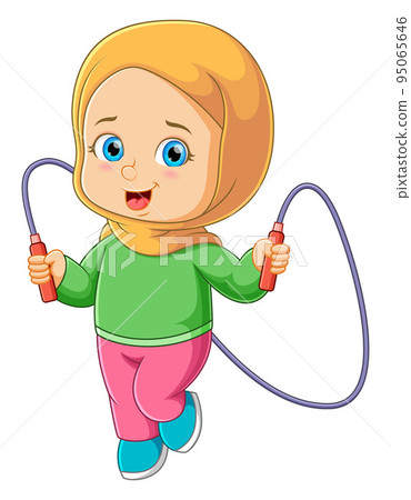 The young sporty girl is doing the jumping rope  95065646