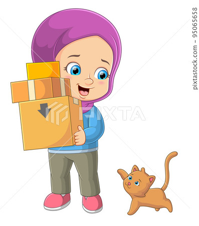 The little girl is holding many boxes and the cat is walking at the back The little girl is holding many boxes and the cat is walking at the back 95065658