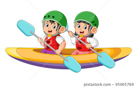 The two boys are rowing the canoe together  95065769