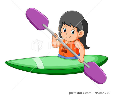 The happy girl is rowing the canoe with the long paddle The happy girl is rowing the canoe with the long paddle 95065770