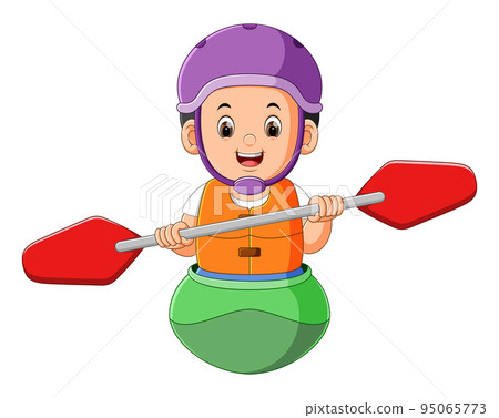 The boy is wearing the helmet and stabilize the canoe The boy is wearing the helmet and stabilize the canoe 95065773