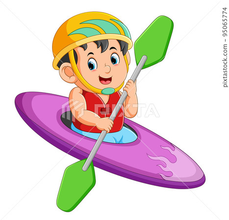 The boys is sitting on the cool canoe with the green paddle The boys is sitting on the cool canoe with the green paddle 95065774