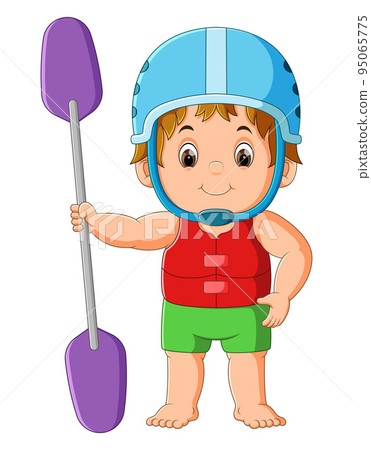 The boy is standing with the safety lifebuoy and holding the paddle  95065775