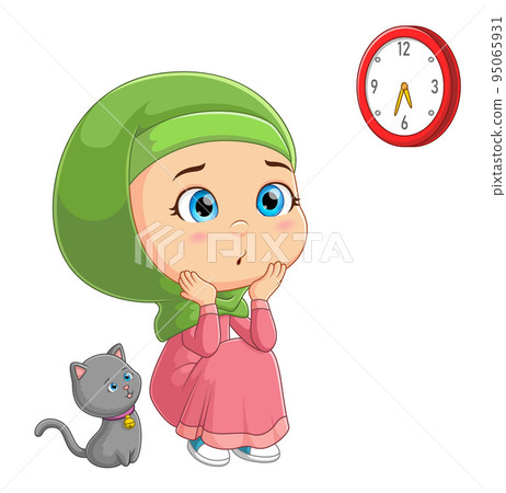 The little muslim girl is sitting with the cat and looking into the clock  95065931