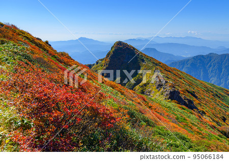 Tanigawadake summit in autumn colors, fine autumn weather and a superb view of the mountain range 95066184
