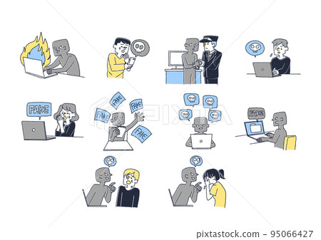 Illustration set about crime, slander and fake news on the Internet 95066427