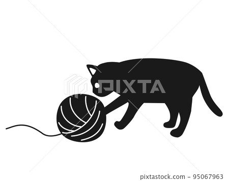 Illustration of a cat playing with yarn Black and white version 95067963