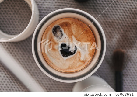 Top view of coffee crema from french press coffee. Top view of coffee crema from french press coffee. 95068681