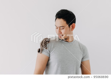 Cute little sugar glider pet hold on the man owner isolated on white. 95068690