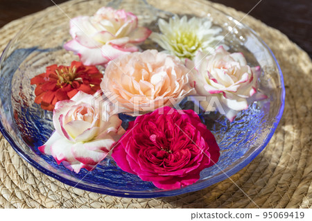 夏天窗邊水面上漂浮的花朵 95069419