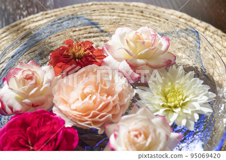 夏天窗邊水面上漂浮的花朵 95069420