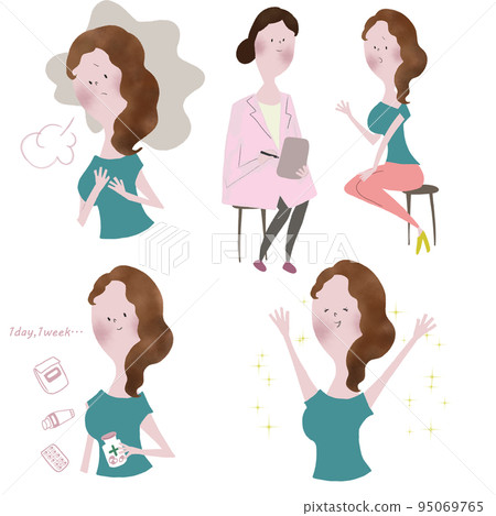 An illustration set showing the flow of treatment by a female doctor, informed consent, and before and after treatment effects An illustration set showing the flow of treatment by a female doctor, informed consent, and before and after treatment effects 95069765
