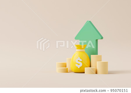 Money bag with icon dollar currency and gold coin stack and growing growth arrow on background Money bag with icon dollar currency and gold coin stack and growing growth arrow on background 95070151