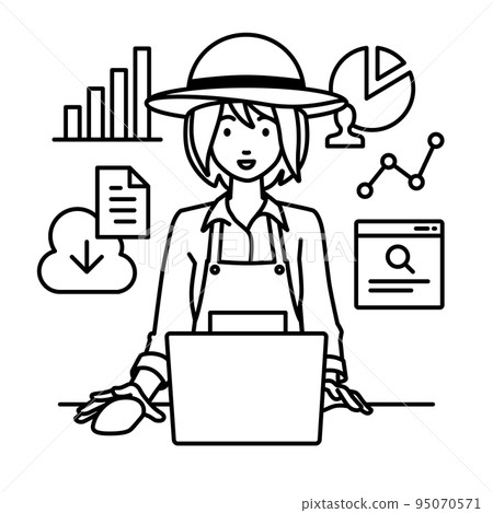 A female farmer doing research, data analysis, and writing reports in front of a computer at her desk 95070571