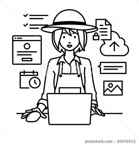 A farmer woman sitting at a desk and working on a PC to manage projects and tasks 95070572