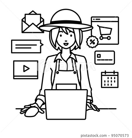 A farmer woman sitting at a desk and doing an online shop or marketing job on a PC 95070573