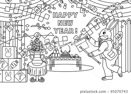 兔子插圖新年賀卡設計“兔子魔術師（著色線描）”新年快樂 95070743