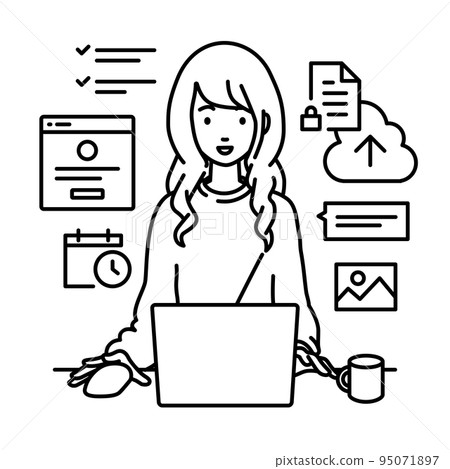 A remote-working woman sitting at a desk and working on a PC to manage projects and tasks A remote-working woman sitting at a desk and working on a PC to manage projects and tasks 95071897