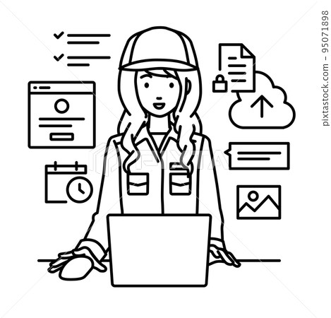 Female worker sitting at a desk and doing the job of managing projects and tasks on a PC Female worker sitting at a desk and doing the job of managing projects and tasks on a PC 95071898