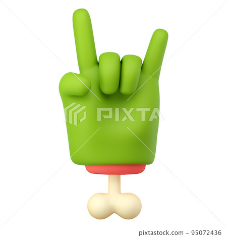3d zombie hand in plastic cartoon style. Rock fingers gesture. Green monster Halloween character palm with bone. High quality isolated render 3d zombie hand in plastic cartoon style. Rock fingers gesture. Green monster Halloween character palm with bone. High quality isolated render 95072436
