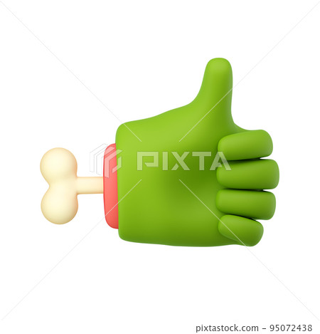 3d zombie hand in plastic cartoon style. Thumb up fingers gesture. Green monster Halloween character palm with bone. High quality isolated render 3d zombie hand in plastic cartoon style. Thumb up fingers gesture. Green monster Halloween character palm with bone. High quality isolated render 95072438