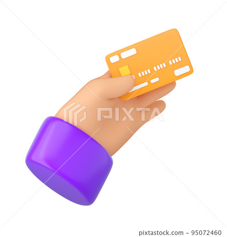 3d Human hand holding bank orange credit card. Online payment, mobile bankind, transaction and shopping concept. High quality isolated render 95072460