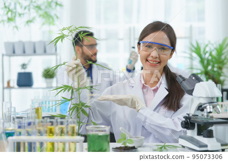 Happy Asian woman scientist smile looking thumbs up show plant cannabis leaves research cannabis alternative chemical extract in Farm Agro lab 95073306