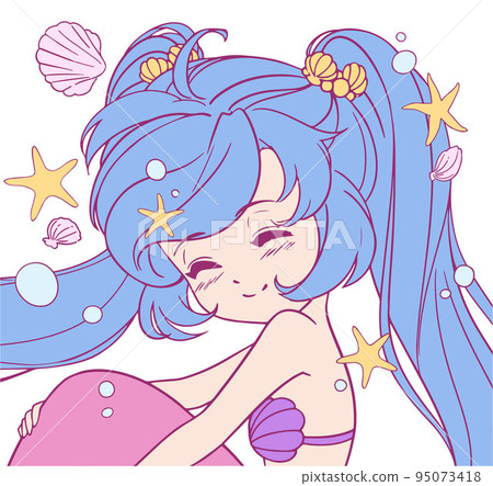 Cute little cartoon mermaid with long hair and fishtail. 95073418