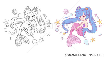 Cute little cartoon mermaid with long hair and fishtail. 95073419