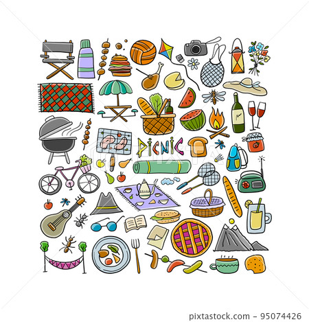 Picnic day. Outdoor relax design elements - Basket, drinks, food, game, sport. Vector illustration Picnic day. Outdoor relax design elements - Basket, drinks, food, game, sport. Vector illustration 95074426
