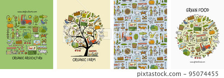 Organic Farm Background For your Design. Harvest Festival. Agriculture collection. Organic farming eco concept. Fresh products, locally grown and organic food. Farmer's Market. Set of 4 concept art Organic Farm Background For your Design. Harvest Festival. Agriculture collection. Organic farming eco concept. Fresh products, locally grown and organic food. Farmer's Market. Set of 4 concept art 95074455