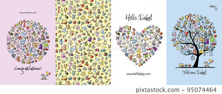 Newborn baby concept art collection. Birthday cards. Frame, heart shape, tree, background. Set for your design project. Vector illustration 95074464