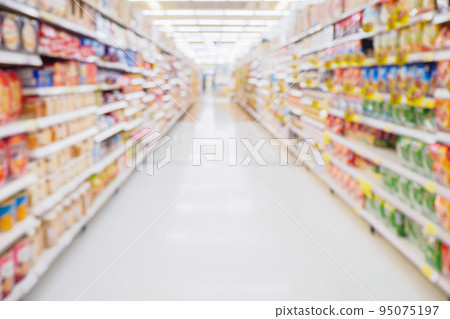 Supermarket aisle with product shelves abstract blur defocused background Supermarket aisle with product shelves abstract blur defocused background 95075197